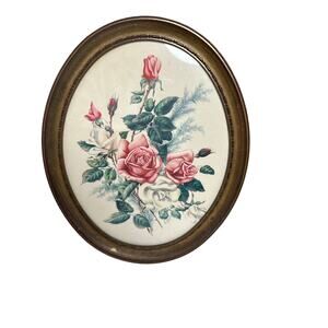 Vintage E. Serton Roses Framed Victoria Style Boquet of Pink Cream Roses
